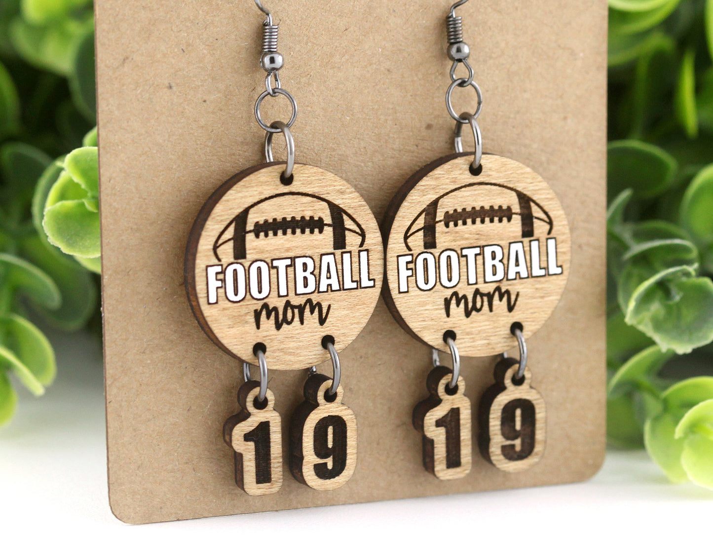 Personalized Football Earrings with Numbers, Maple Wood Dangle Earrings