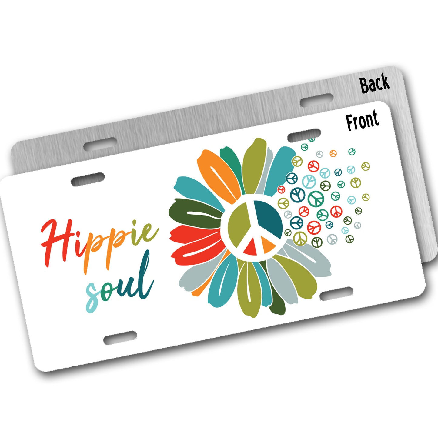 Two sides of a license plate with a colorful flower and peace symbol design, labeled 'Hippie soul' on one side.