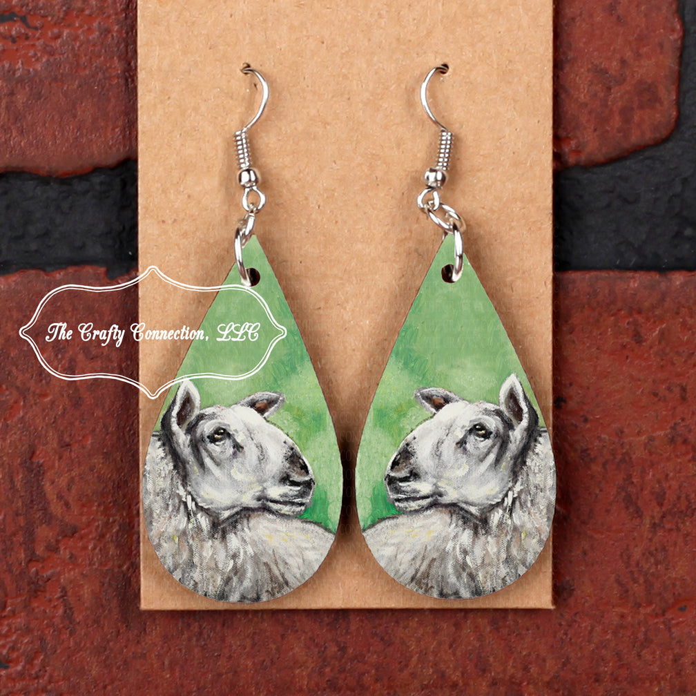 Teardrop Earrings - Sheep with Green Background - Artist Painting