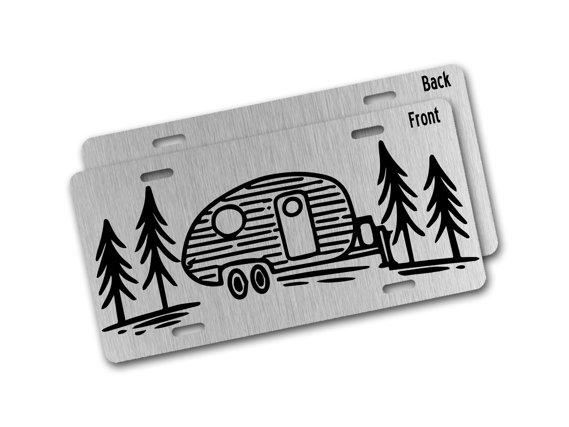 Aluminum license plate with a camper and tree design on a white background