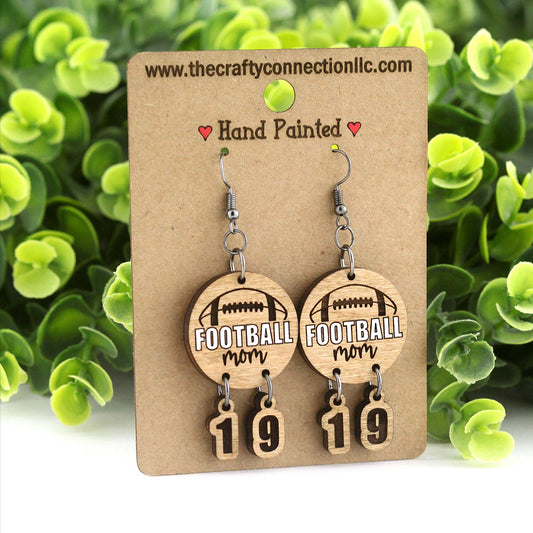 Personalized Football Earrings with Numbers, Maple Wood Dangle Earrings
