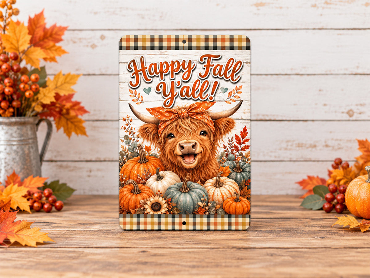 A rectangular decorative sign with a fall-themed illustration stands on a wooden surface. The sign features the text 'Happy Fall Y'all!' above a Highland cow surrounded by pumpkins, autumn leaves, and a plaid top and bottom border.