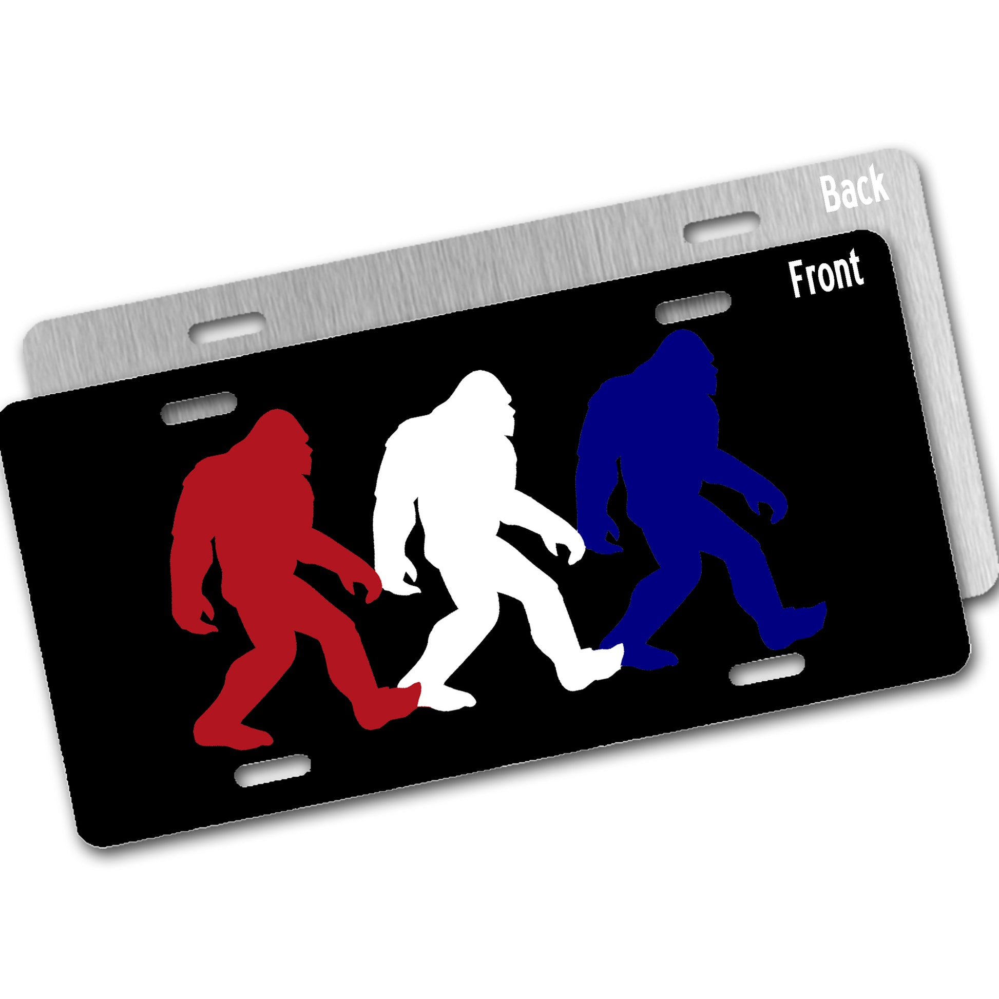 License plate with red, white, and blue Bigfoot silhouettes on a black background.