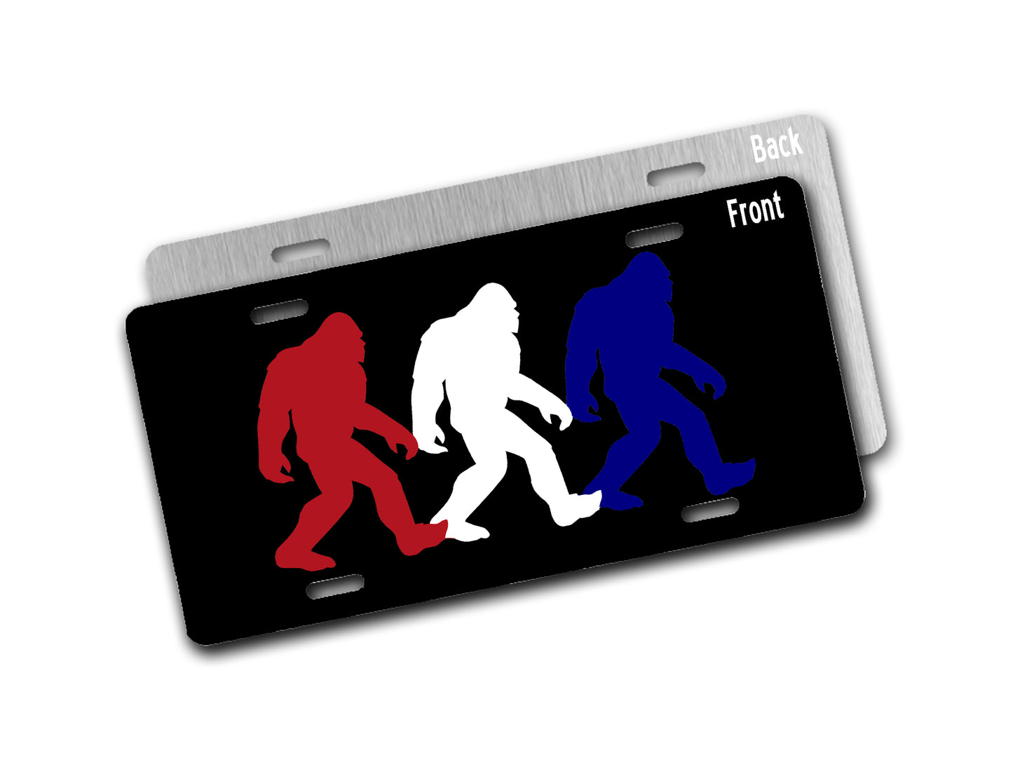 License plate with red, white, and blue Bigfoot silhouettes on a black background