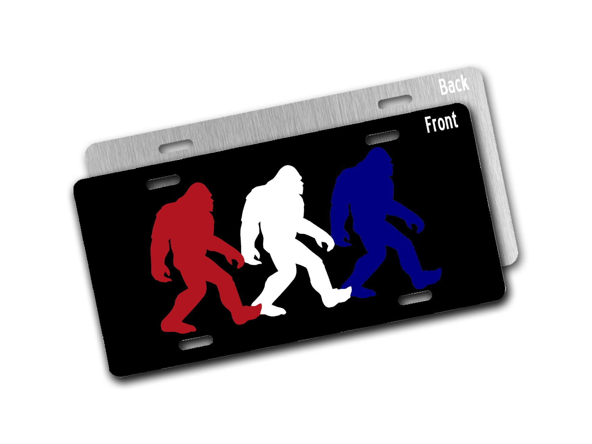 License plate with red, white, and blue Bigfoot silhouettes on a black background
