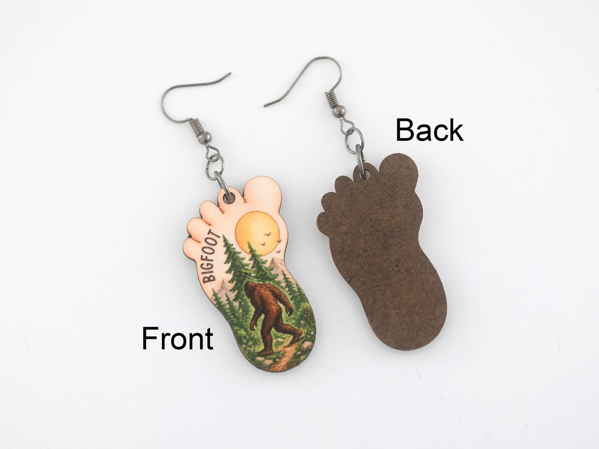 Bigfoot earrings showing front and back view