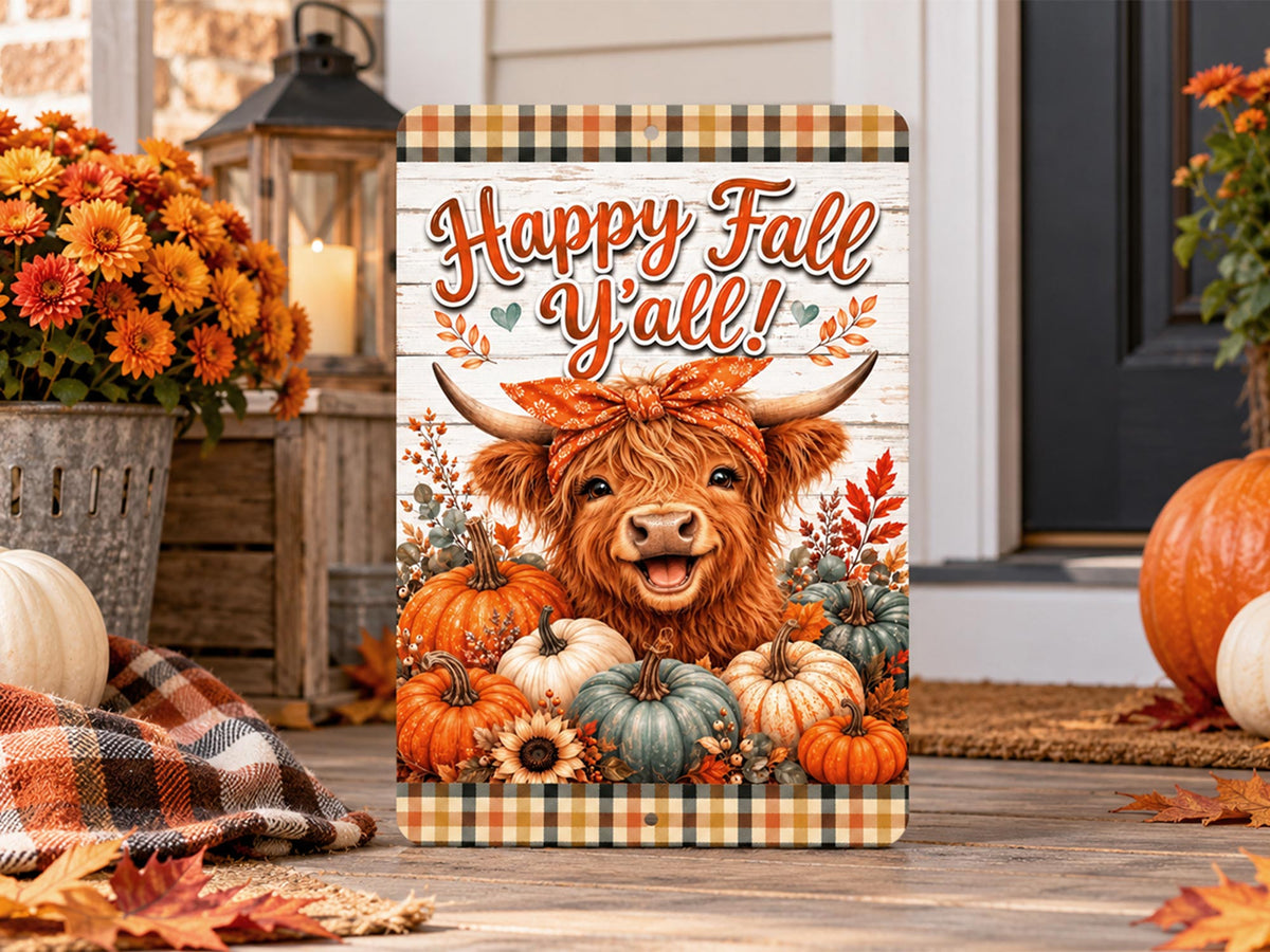 A decorative vertical garden sign featuring a Highland cow surrounded by pumpkins and autumn leaves with the text 'Happy Fall Y'all!' on a rustic white wood background, styled on a front porch with pumpkins, flowers, and a lantern.