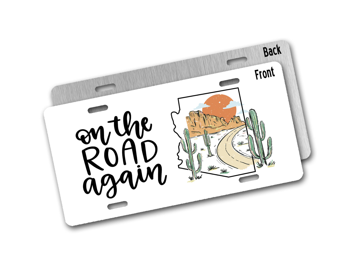 License plate with desert design and Arizona state outline and 'On the Road Again' text on a white background