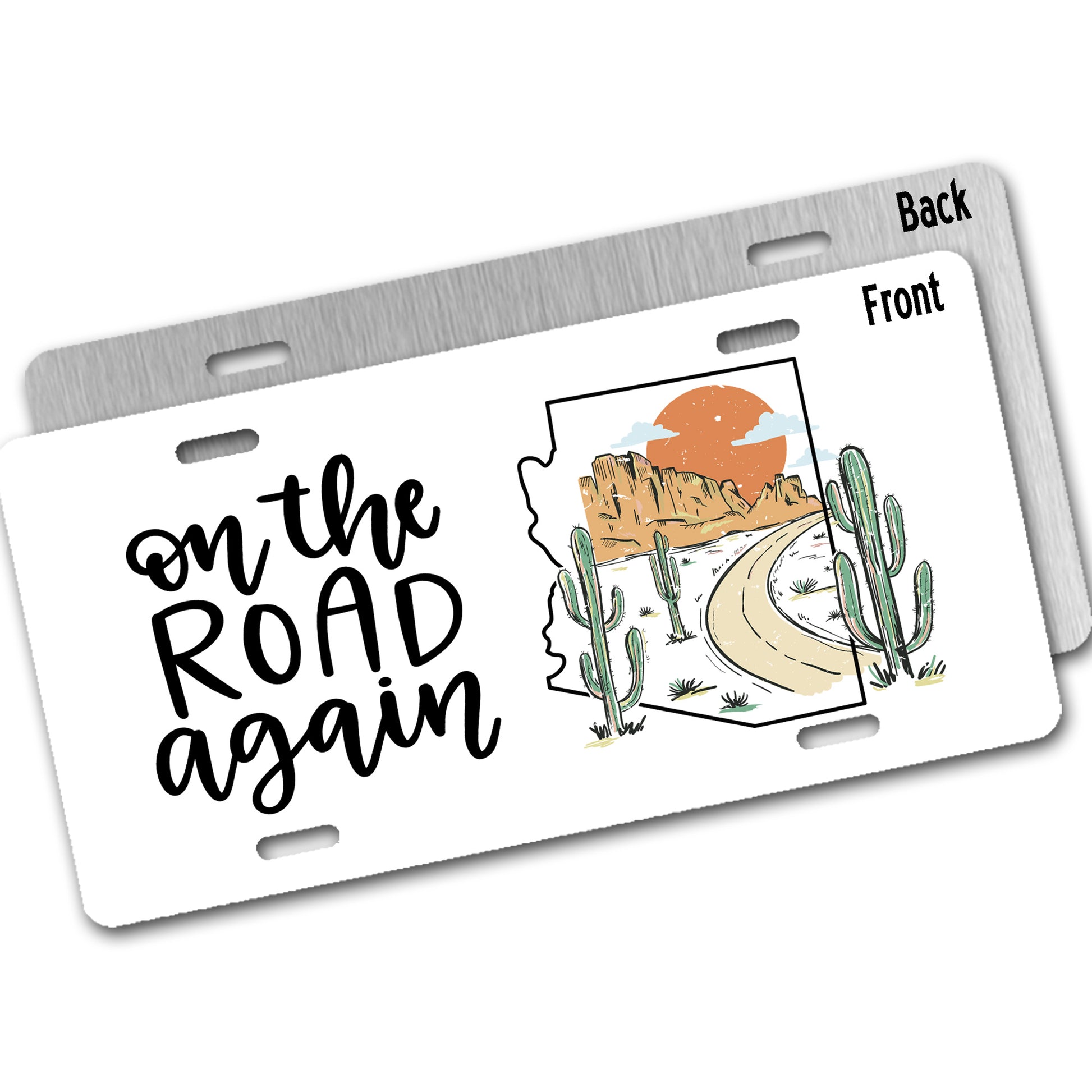 Arizona license plate with desert scene and 'On the Road Again' text on a white background