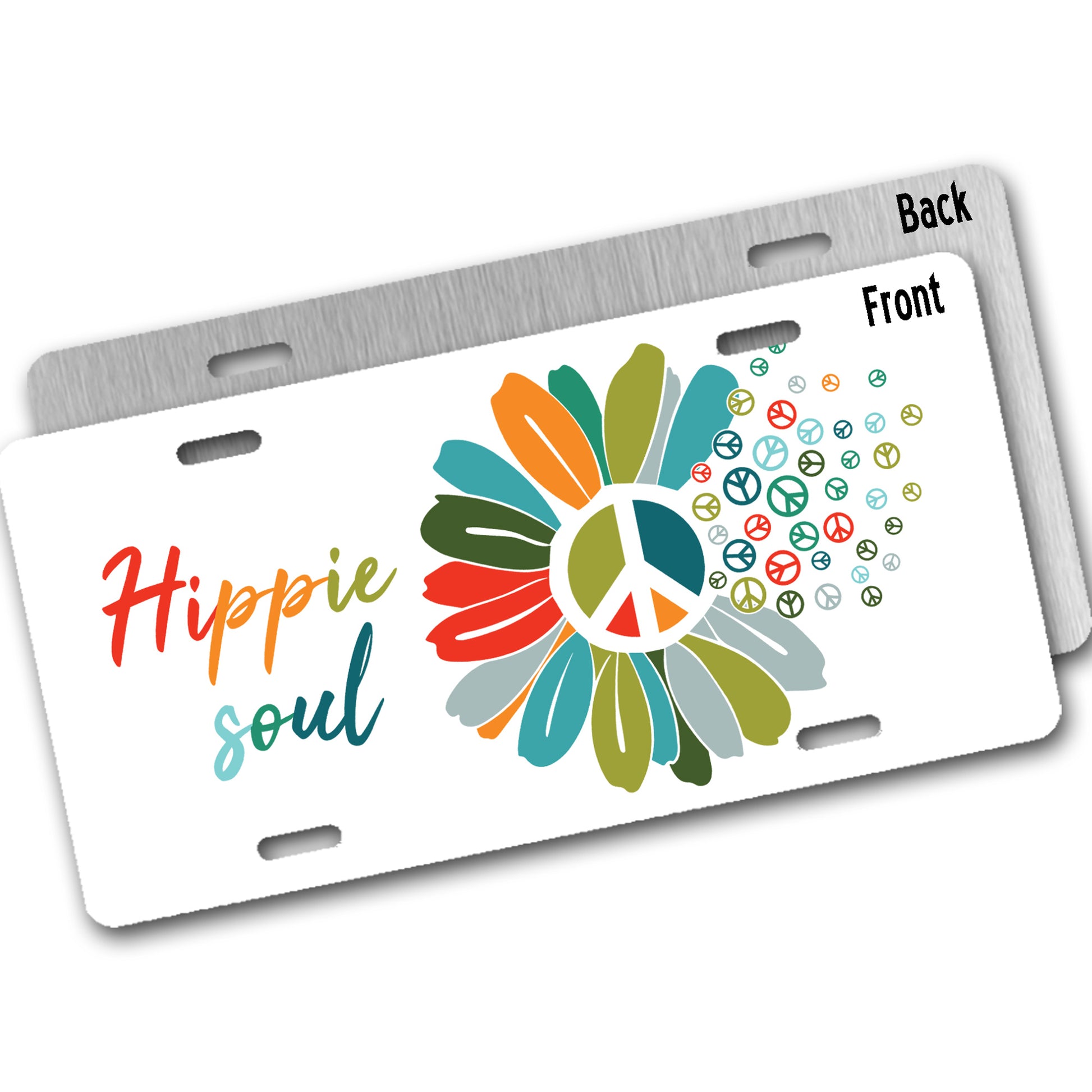 Two sides of a license plate with a colorful flower and peace symbol design, labeled 'Hippie soul' on one side.