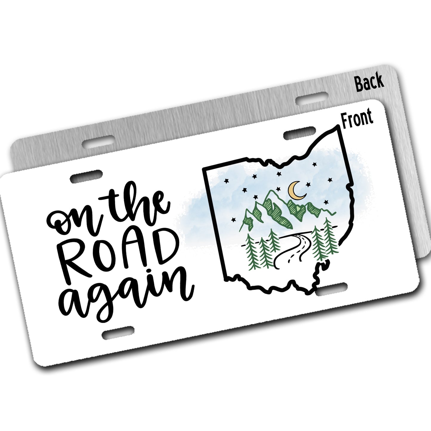Metal license plate with 'On the Road Again' text and Ohio map design.