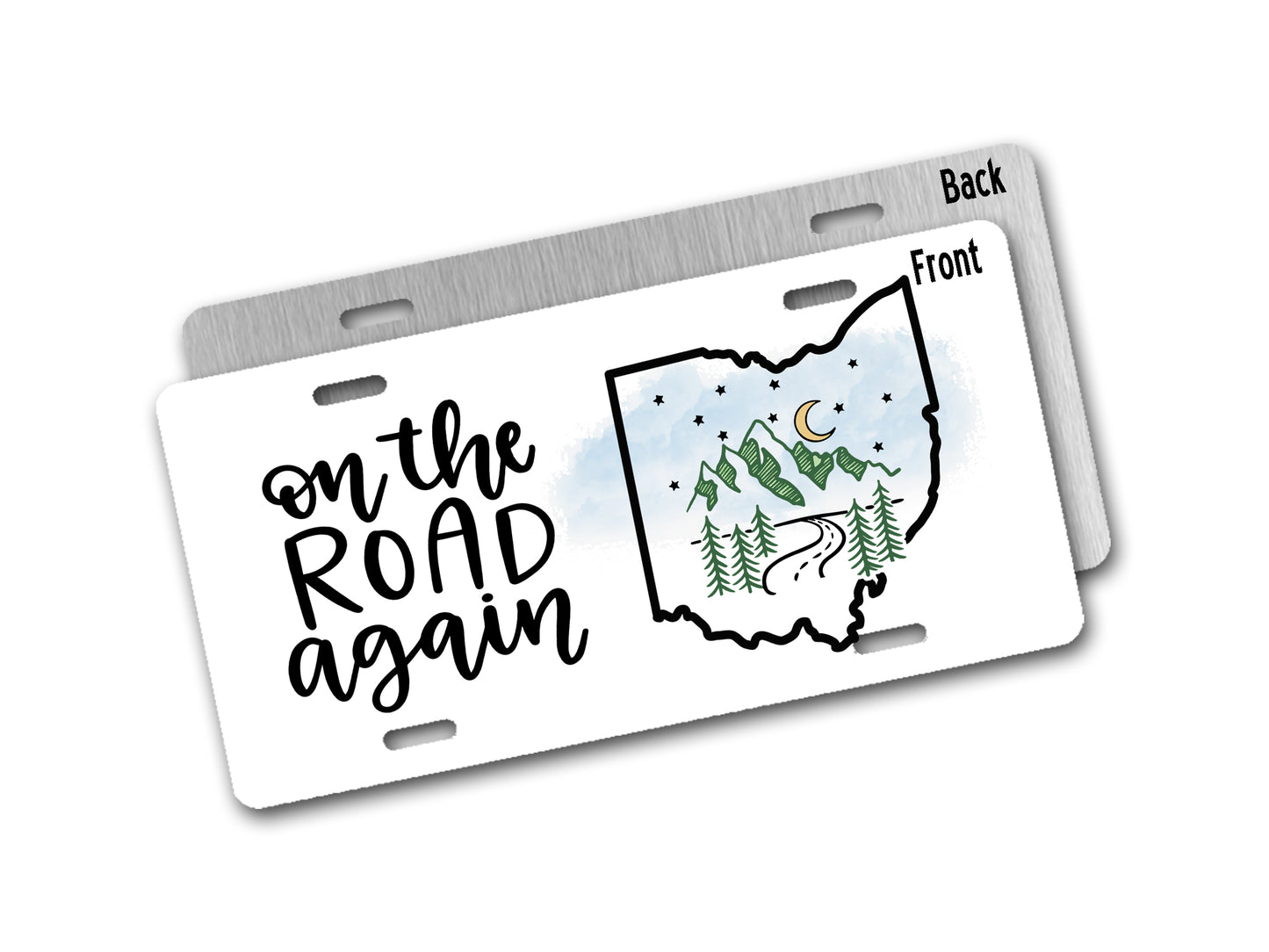 License plate with 'on the road again' text and Ohio outline design on a white background