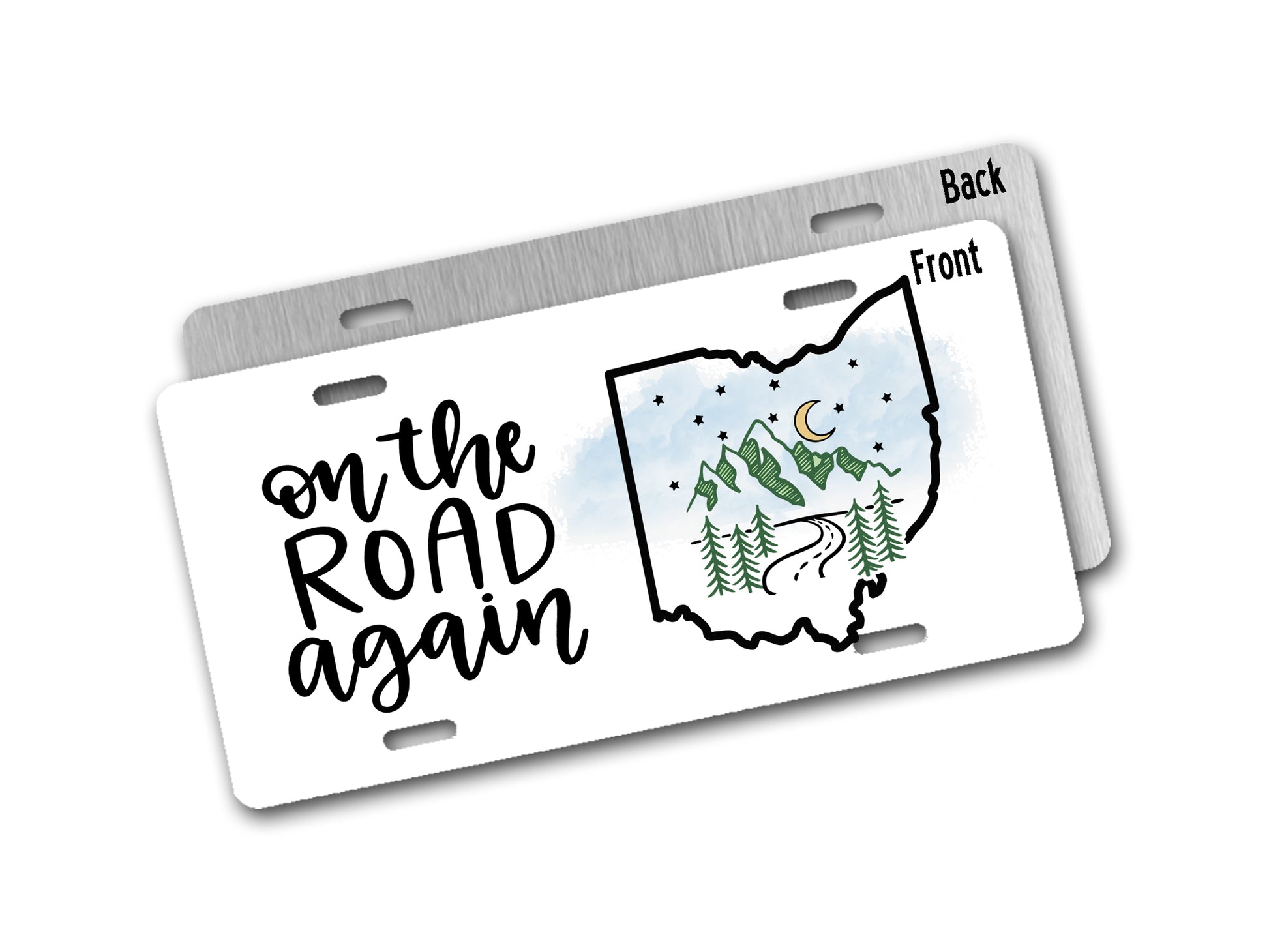 License plate with 'on the road again' text and Ohio outline design on a white background