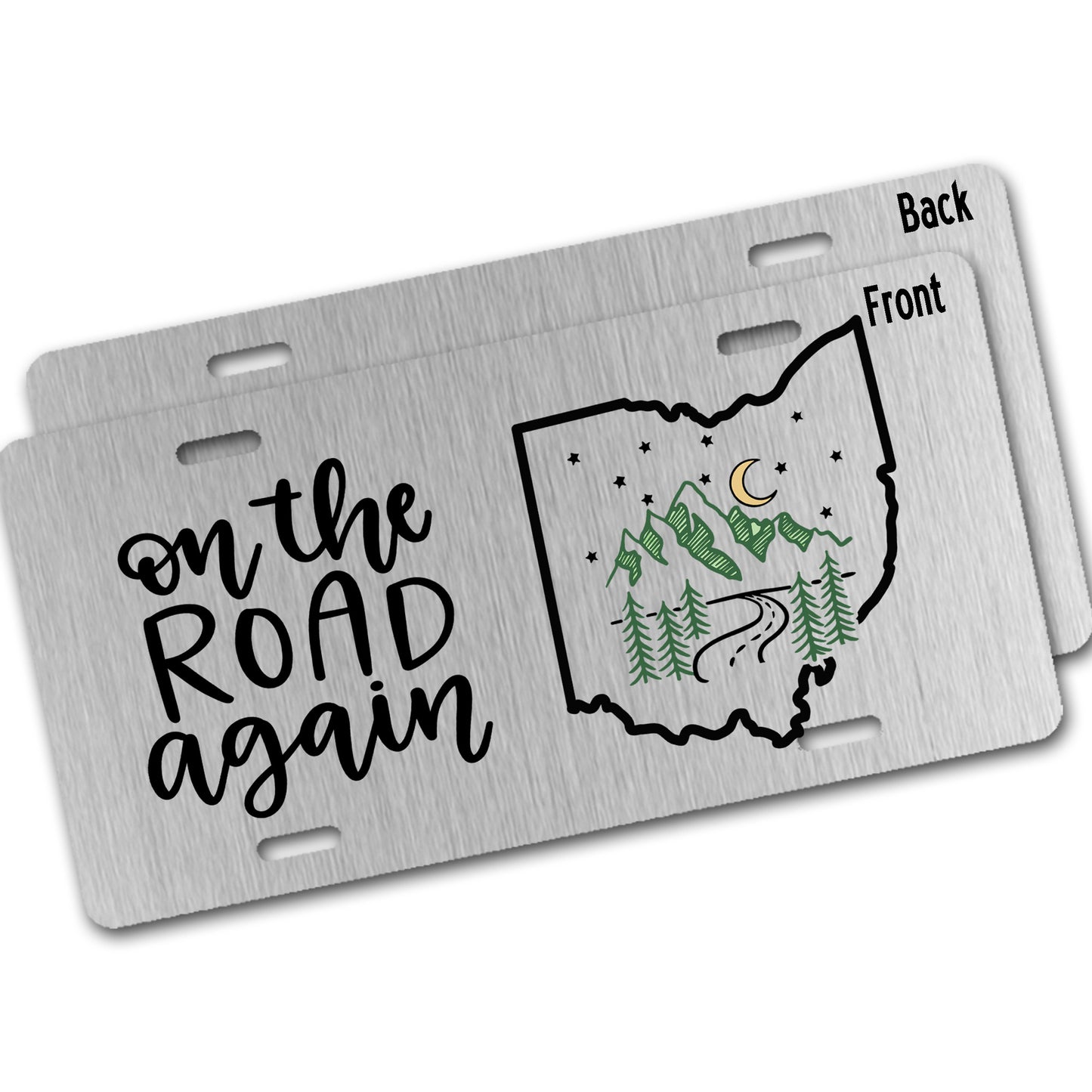 Metal license plate with 'on the road again' text and a map of Ohio on silver