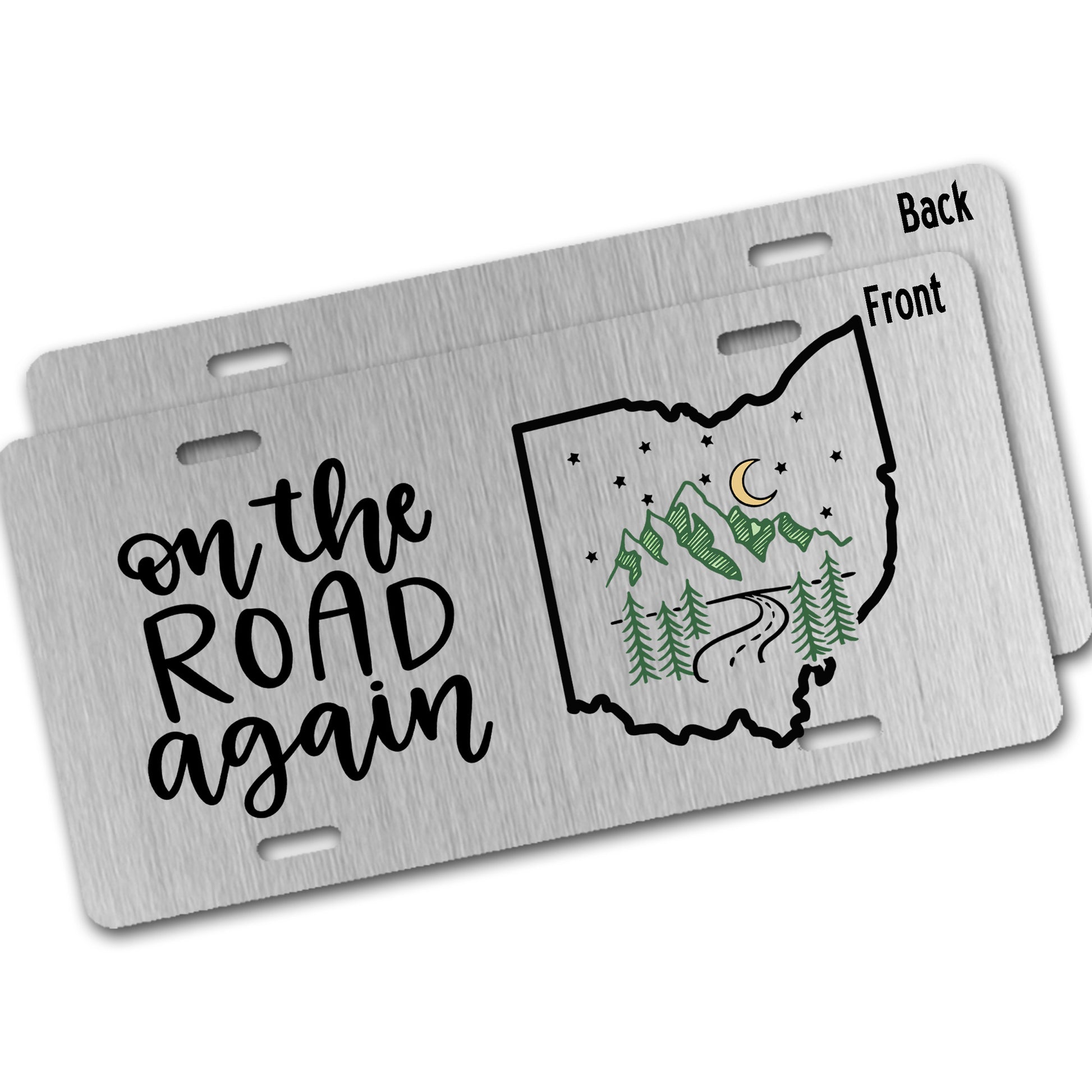 Metal license plate with 'on the road again' text and a map of Ohio on silver