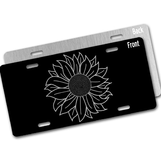 Black license plate with sunflower design
