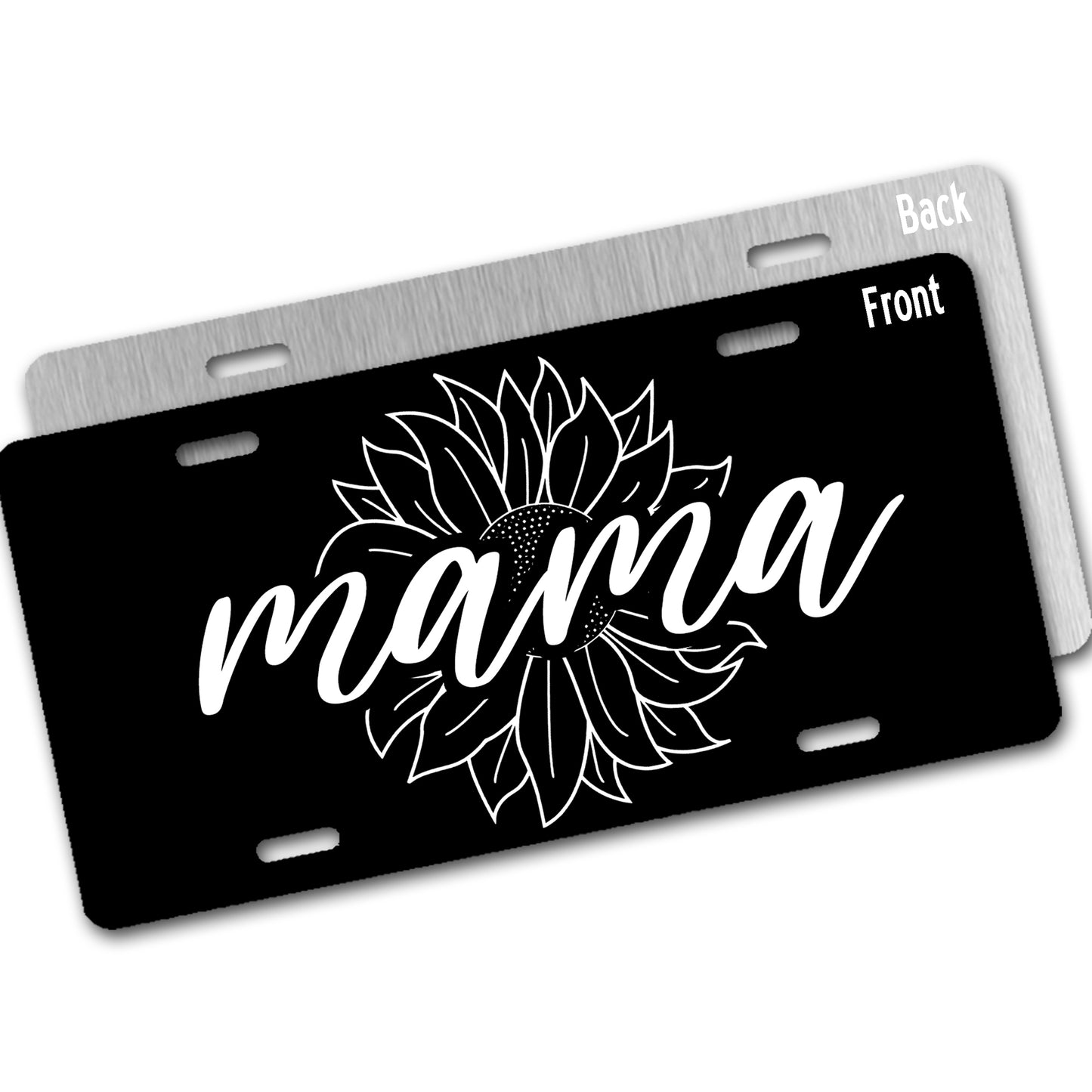 Black license plate with 'mama' and sunflower design, front and back view.