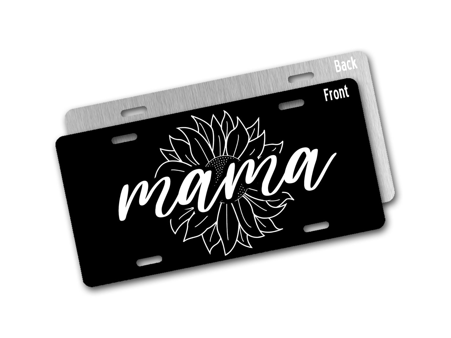 Black license plate with 'mama' and sunflower design on a white background