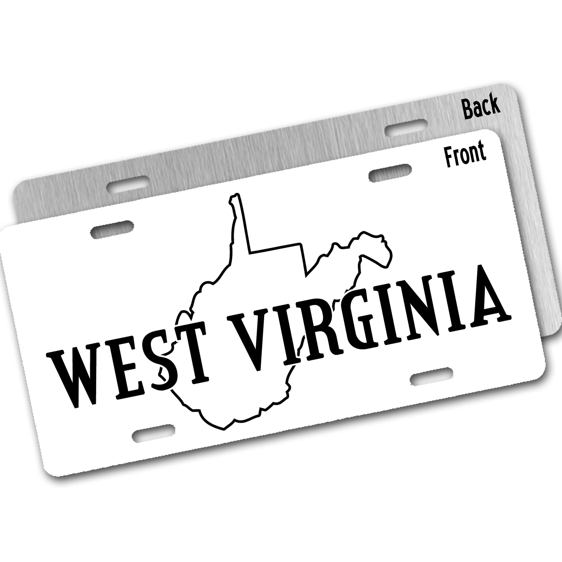 Metal license plate with 'West Virginia' text and state outline on white