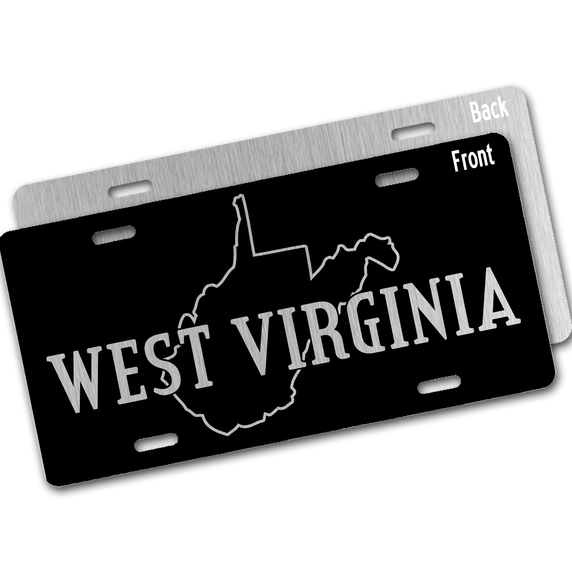 Black license plate with 'West Virginia' and state outline