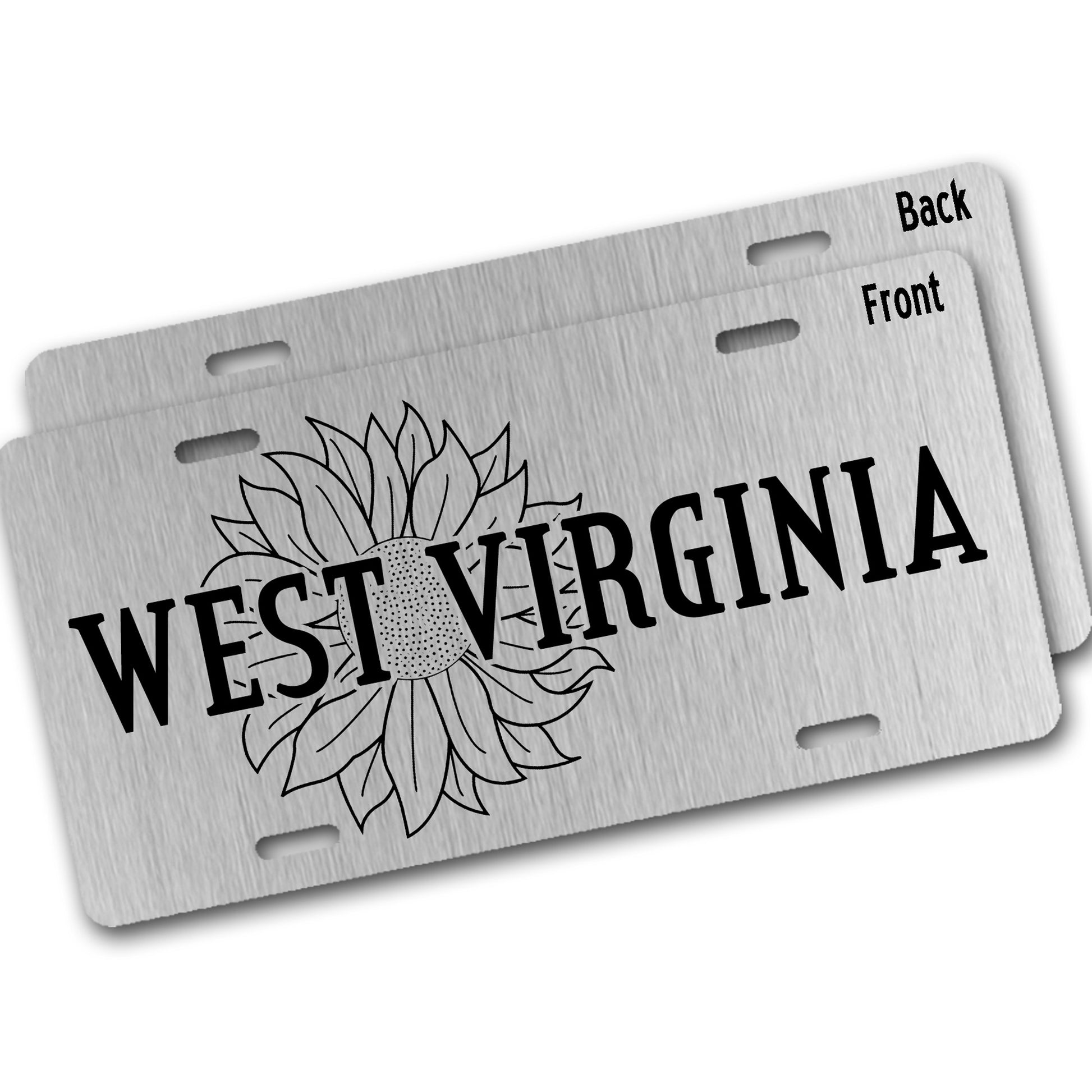 Silver aluminum license plate with 'West Virginia' and a sunflower design showing front and back view on a white background