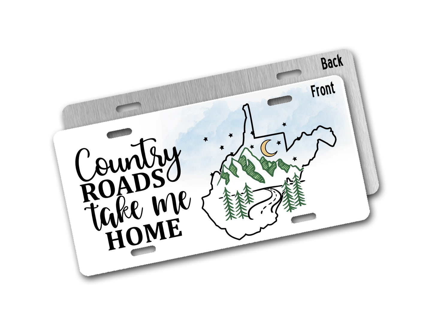 License plate with 'Country Roads Take Me Home' text and West Virginia map design on a white background.