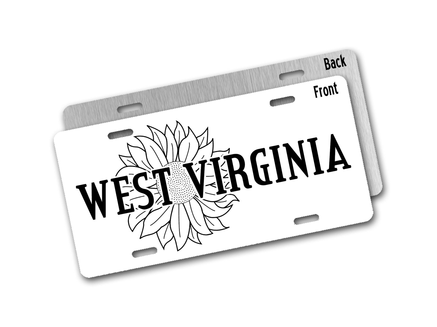 License plate with 'West Virginia' text and sunflower design on a white background