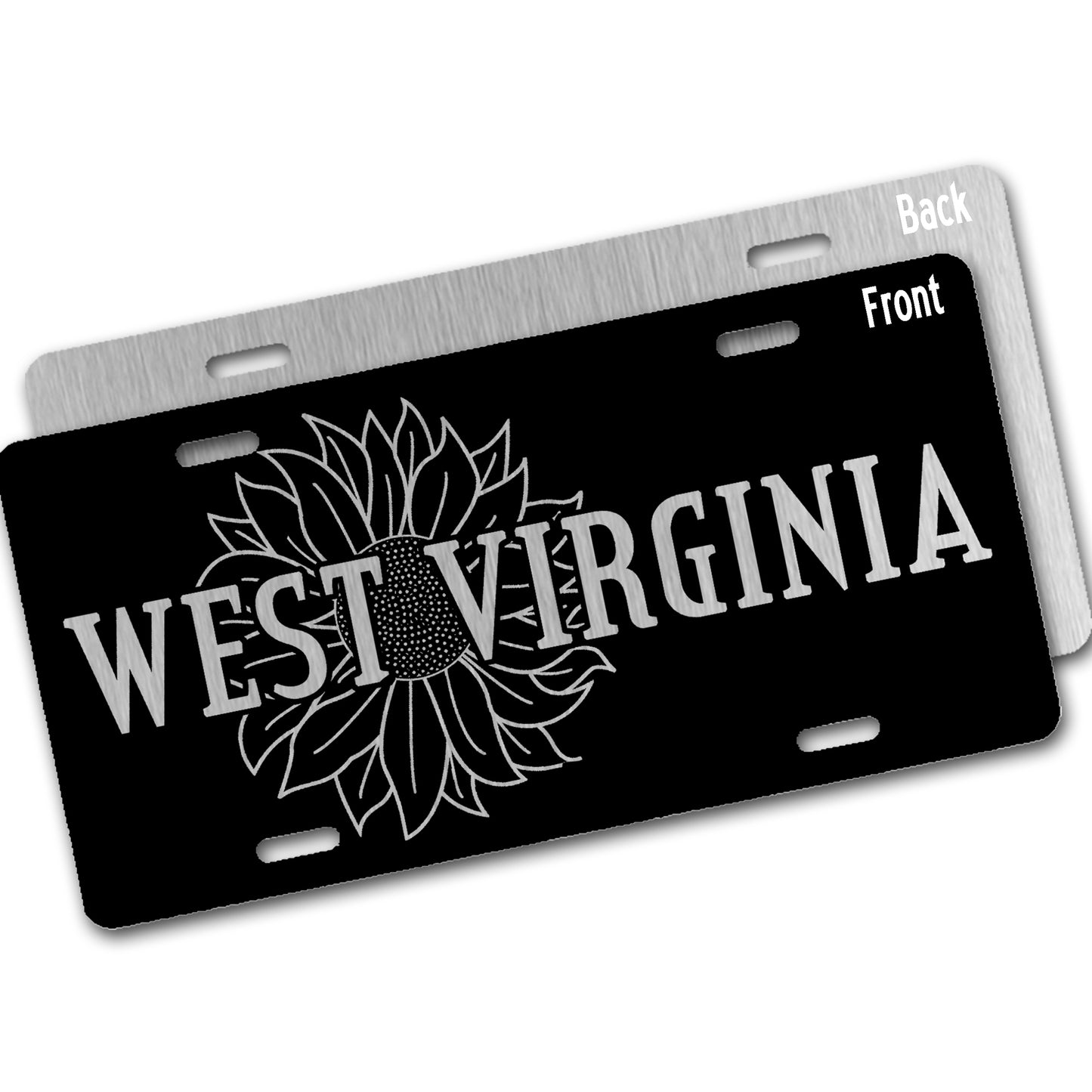 Black on silver license plate with 'West Virginia' text and sunflower design showing front and back view on a white background
