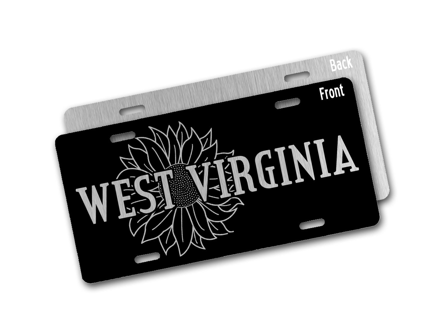Black license plate with silver sunflower design and 'West Virginia' text on a white background
