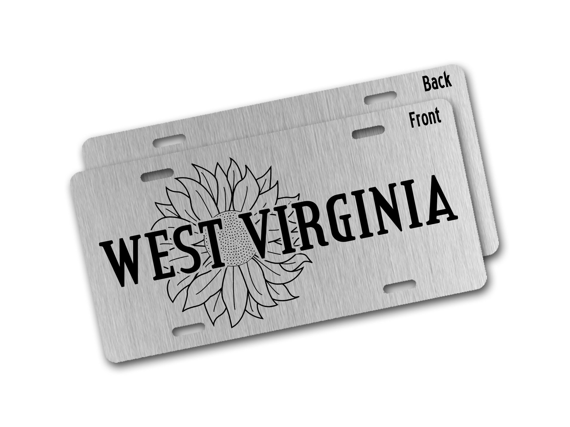 Silver license plate with 'West Virginia' and sunflower design on a white background