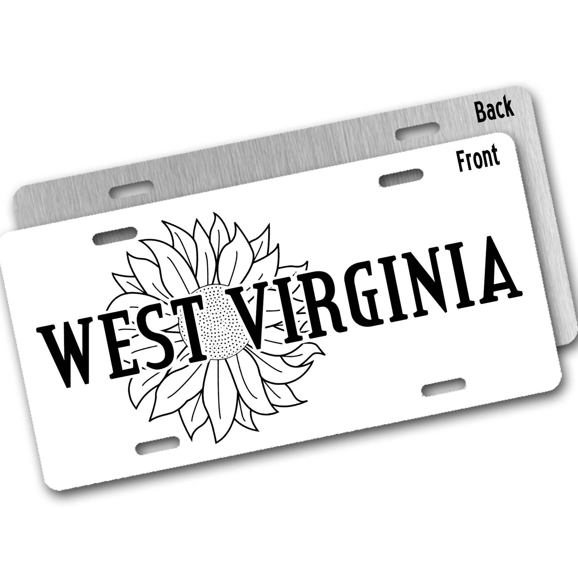 White license plate with 'West Virginia' and a sunflower design showing front and back view on a white background