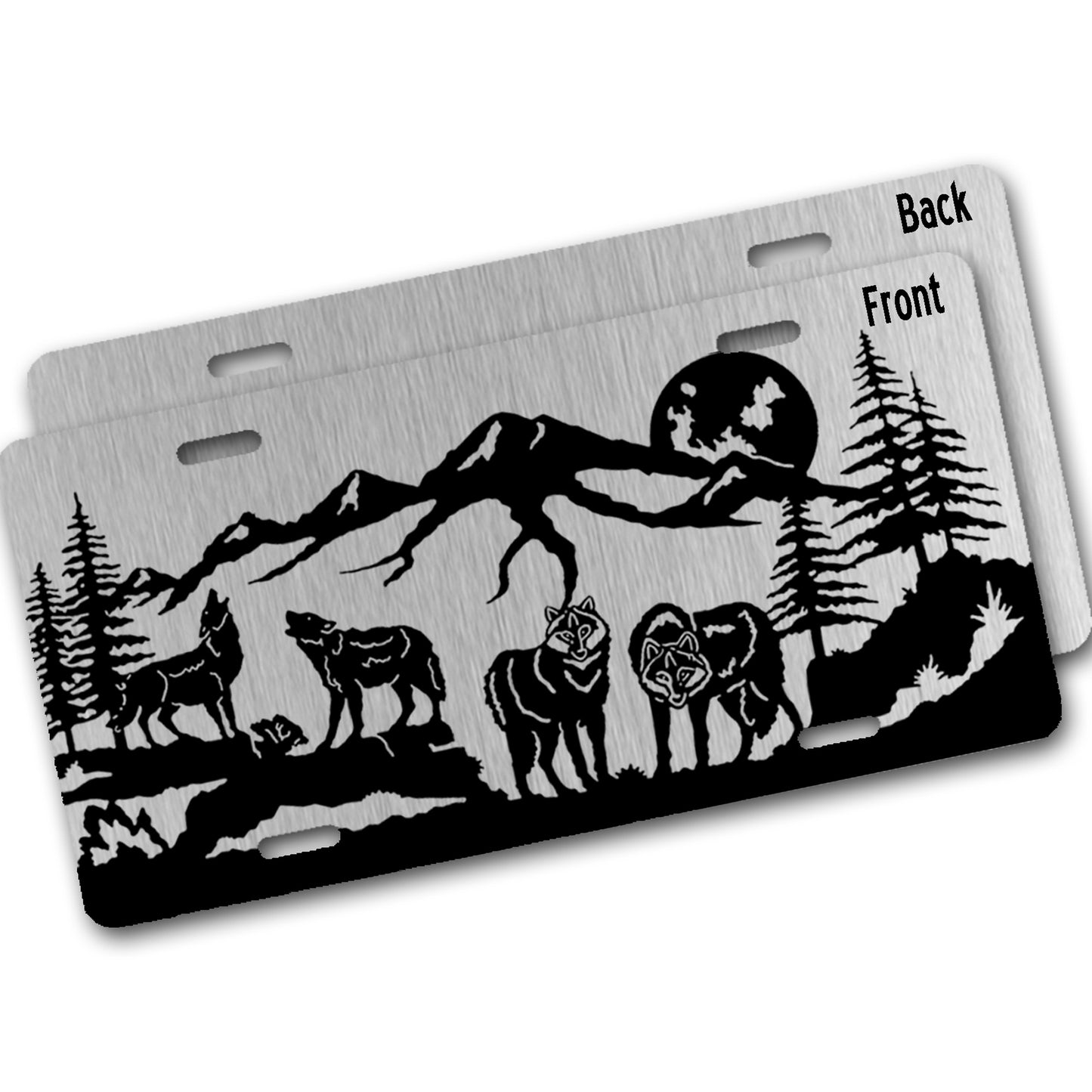 Aluminum license plate with wolf design on a white background