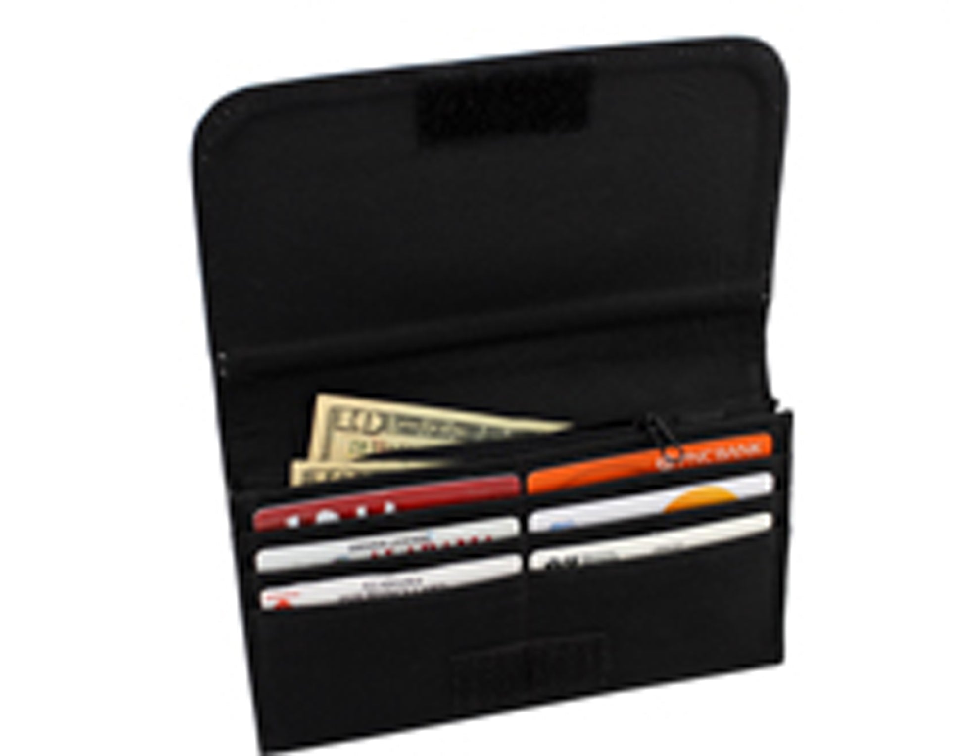 Black wallet with card slots on a white background