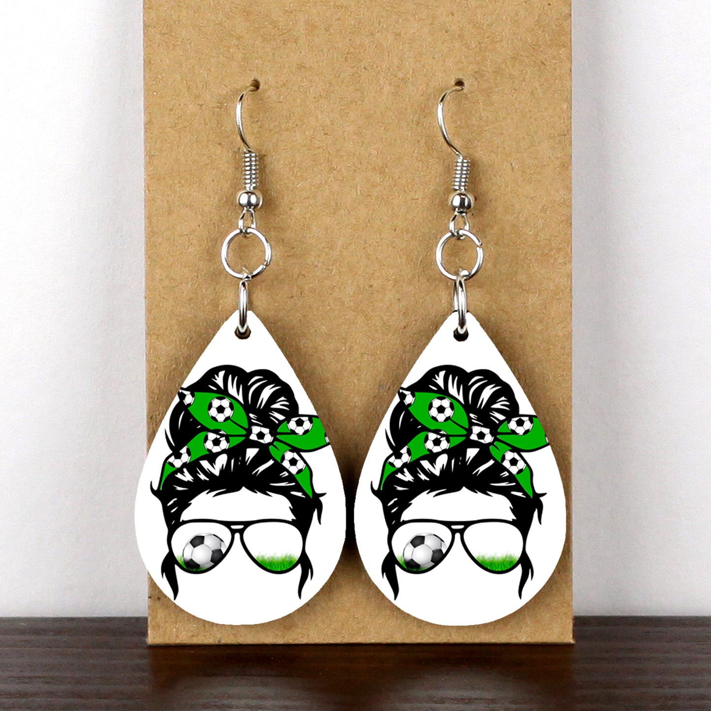 Soccer Earrings, Messy Bun Soccer Mom Earrings, Teardrop Dangle Earrings, Wood Earrings, Soccer Jewelry