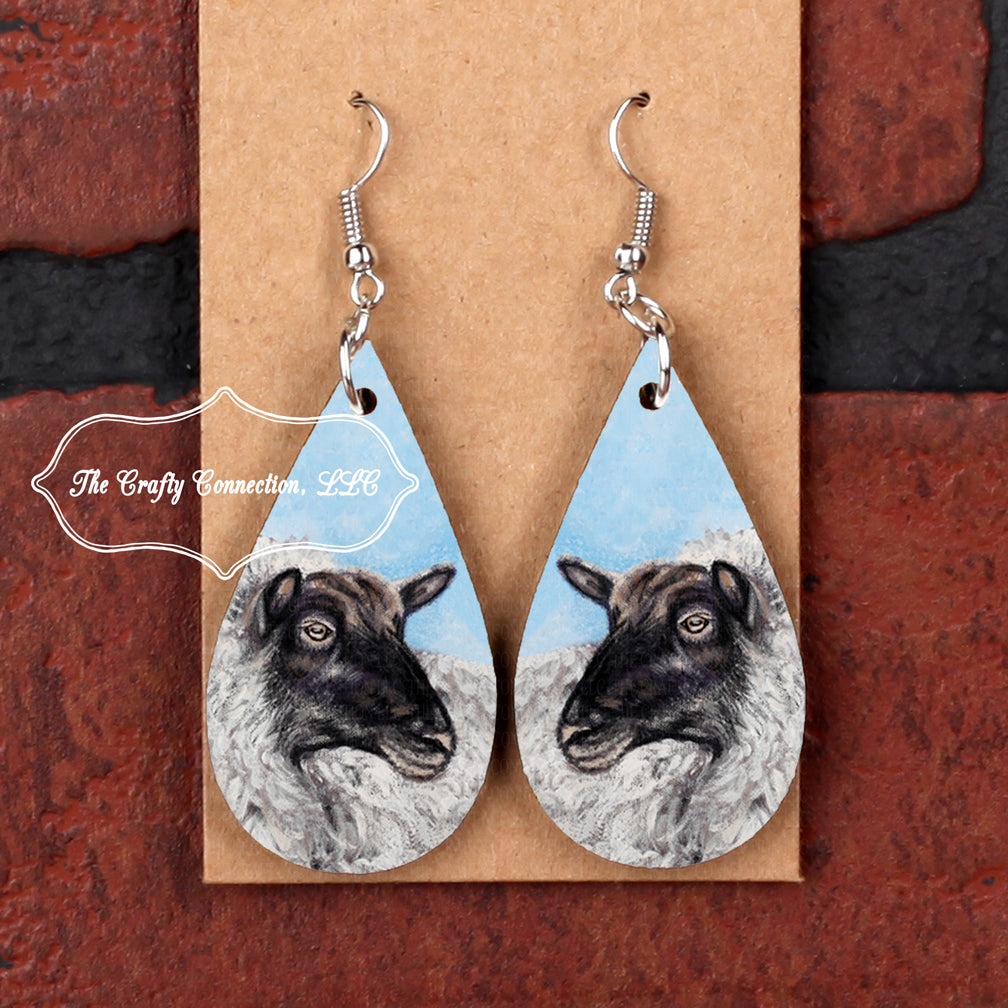 Teardrop Earrings - Sheep with Blue Background - Artist Painting